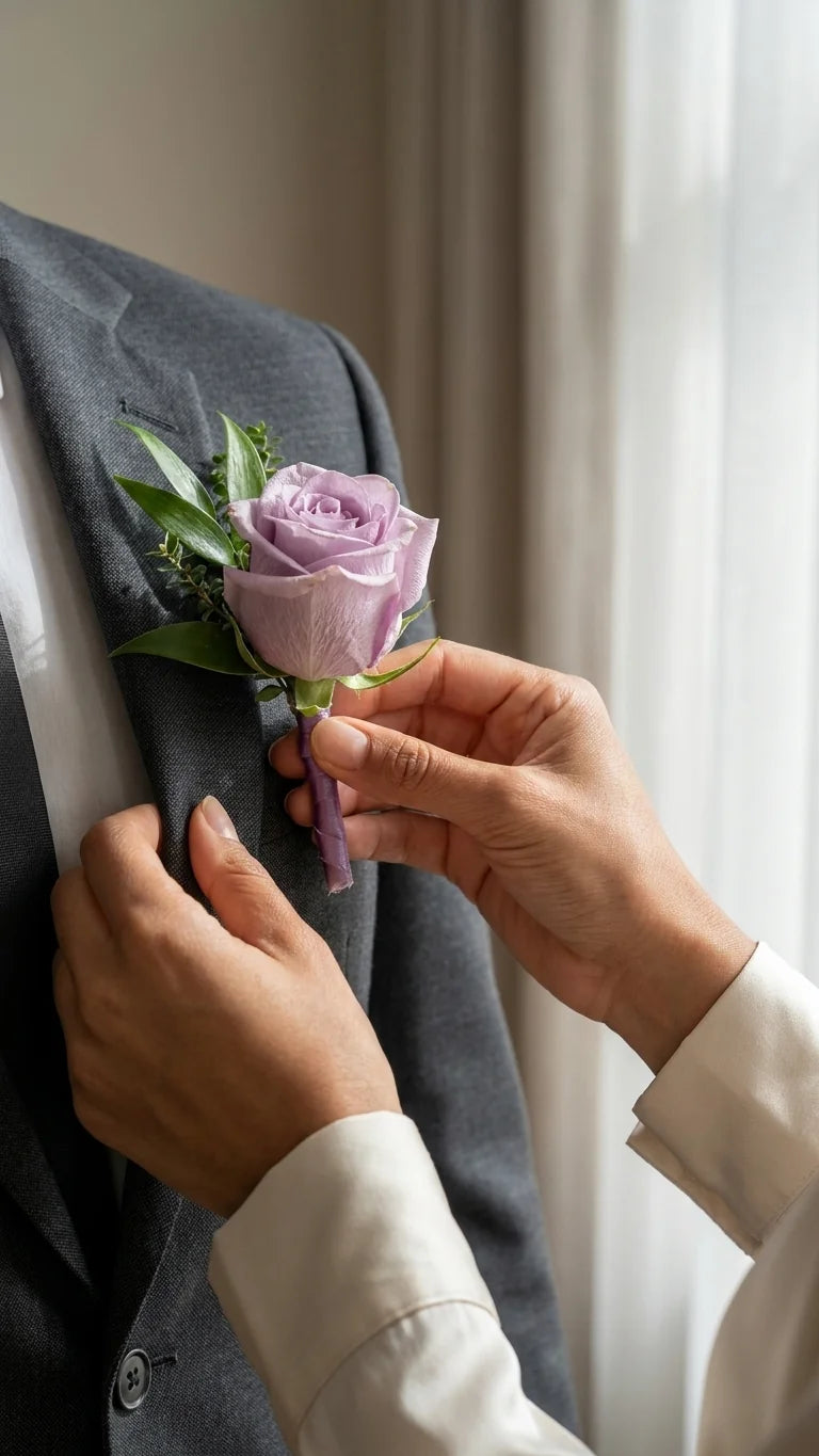 Lifestyle view of Lavender Rose Boutonniere from Florent Floral for prom styling.