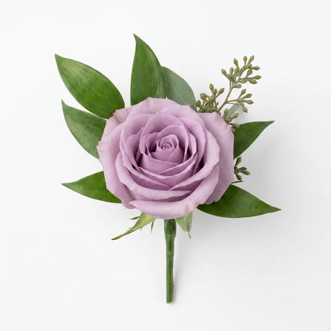 Lavender Rose Boutonniere by Florent Floral with a lavender rose with fresh greenery and seeded filler for prom in Newmarket.