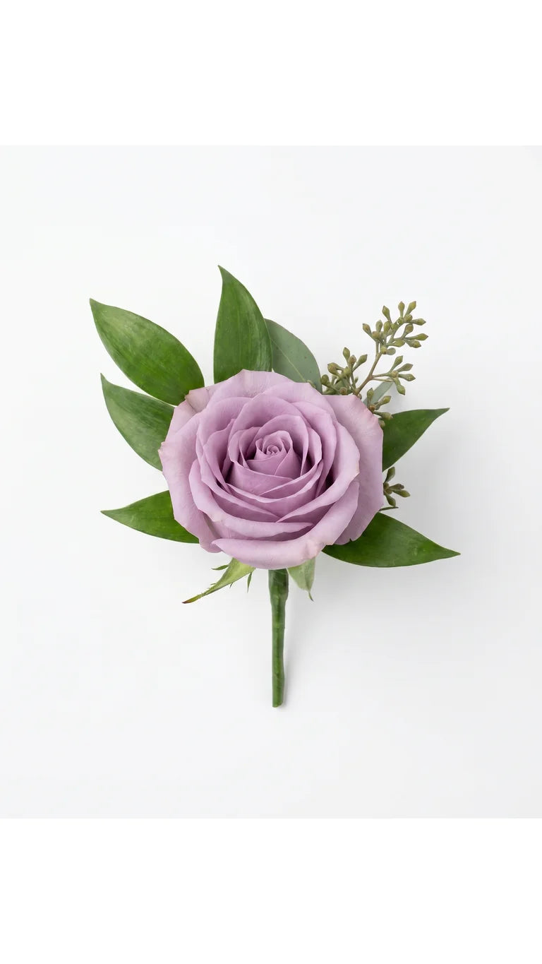 Lavender Rose Boutonniere by Florent Floral with a lavender rose with fresh greenery and seeded filler for prom in Newmarket.
