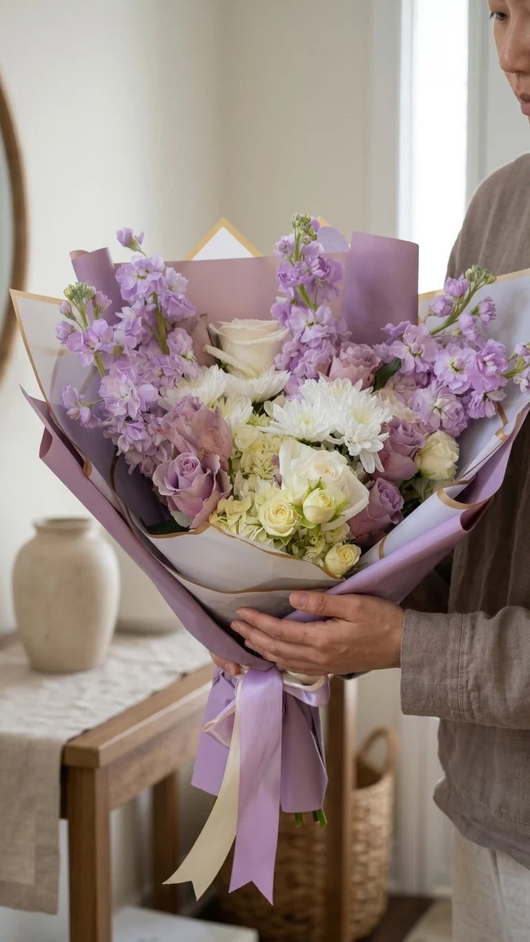 Detail view of lilac cloud bouquet with lavender stock or delphinium-style flowers, white roses, cream lisianthus-style blooms, soft filler, and greenery