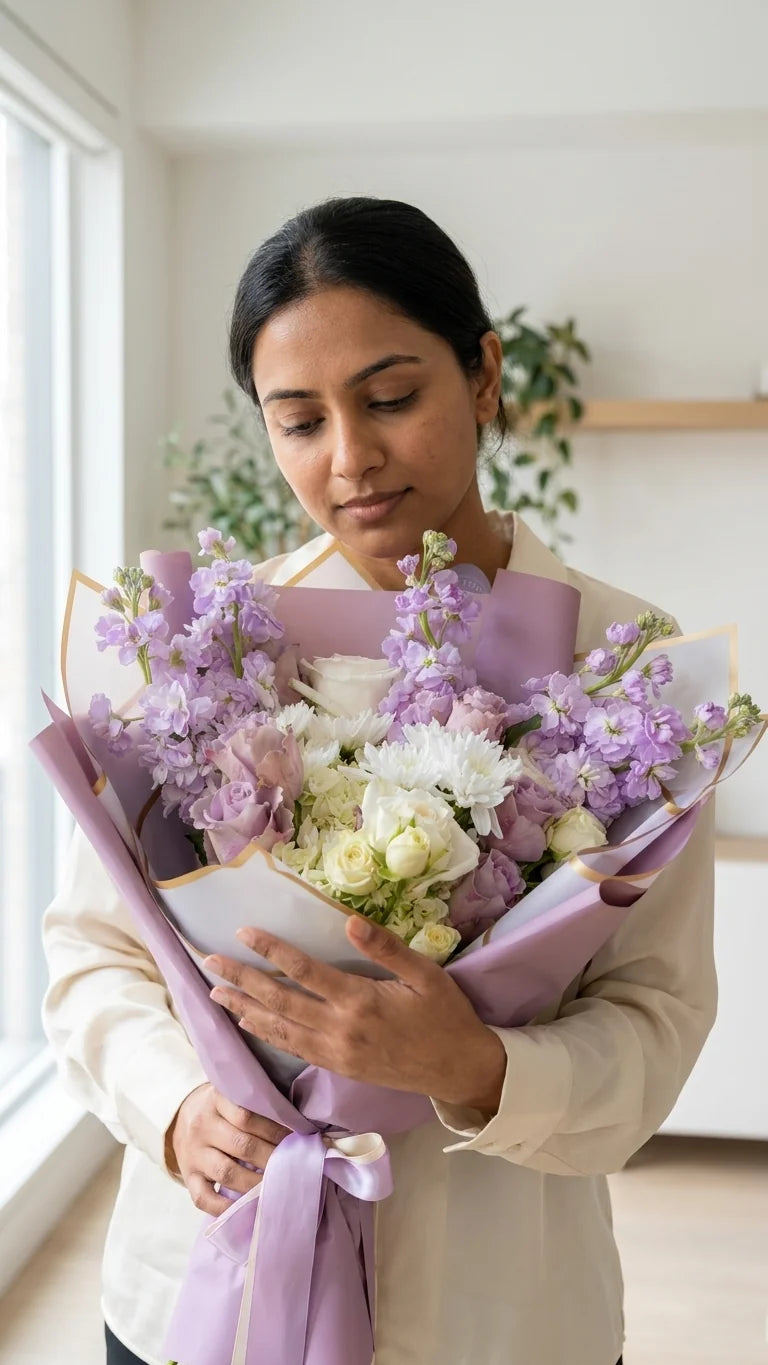 Detail view of lilac cloud bouquet with lavender stock or delphinium-style flowers, white roses, cream lisianthus-style blooms, soft filler, and greenery
