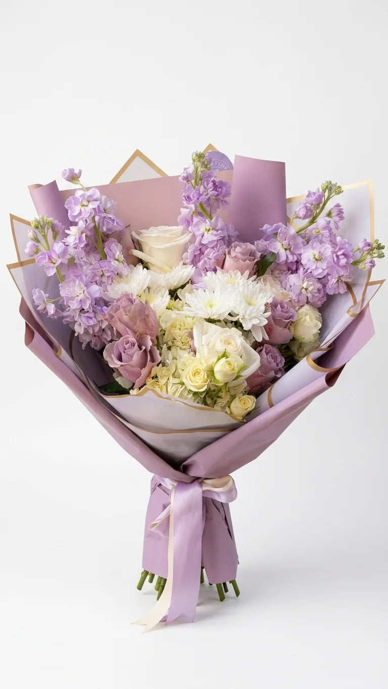 Lilac Cloud Bouquet with lilac, lavender, white, cream, and sage green flowers by Florent Floral in Newmarket