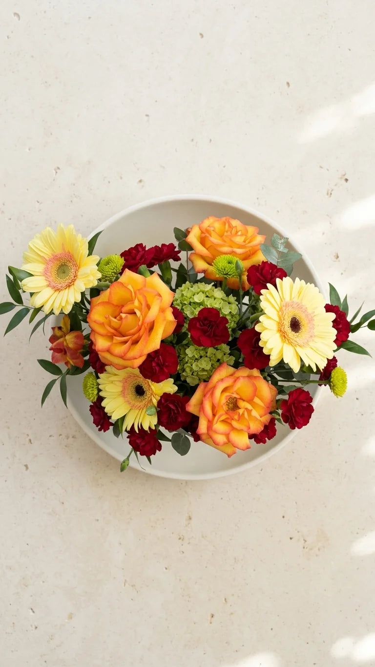 Top-down view of an orange rose and gerbera vase arrangement on a stone surface - birthday flower delivery Newmarket and GTA by Florent Floral