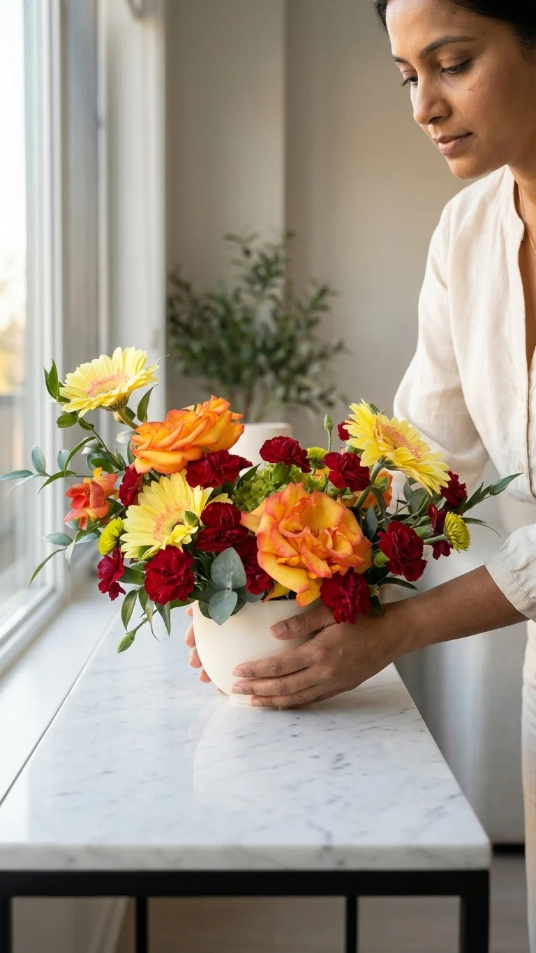 Woman placing an orange and yellow vase arrangement on a marble counter by a window - same-day birthday flower delivery in Newmarket by Florent Floral