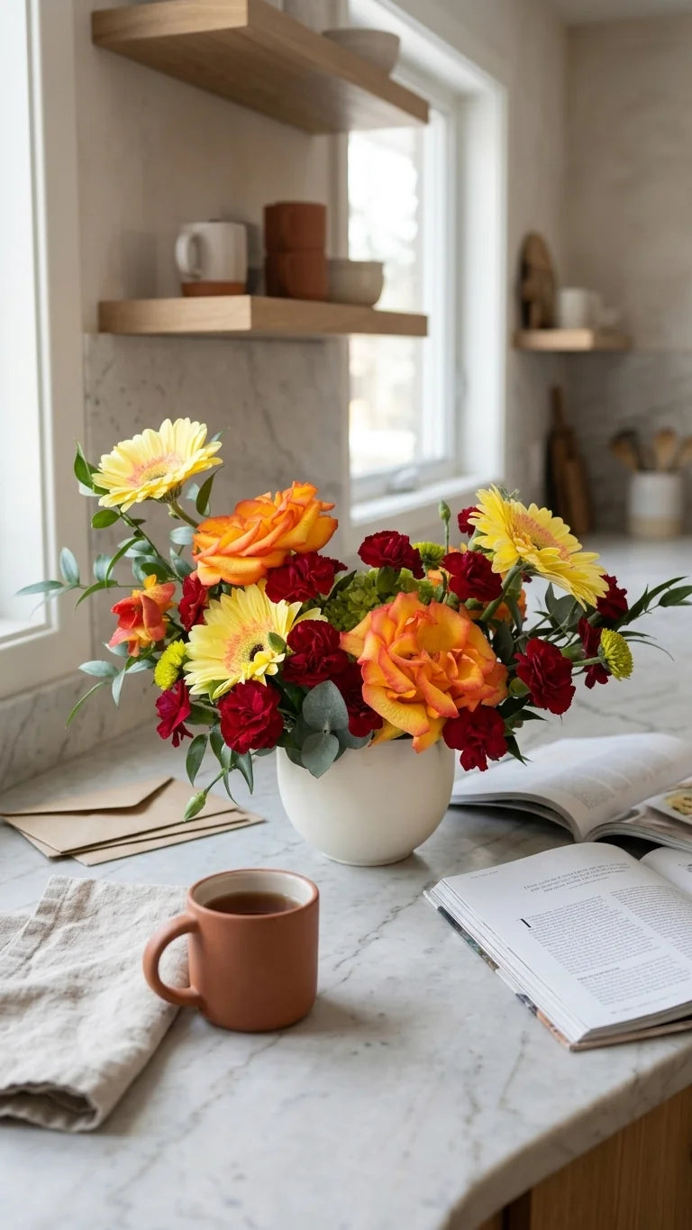 Harvest Glow Vase styled on a marble kitchen counter with a coffee mug and open book - Florent Floral birthday flower delivery Newmarket ON