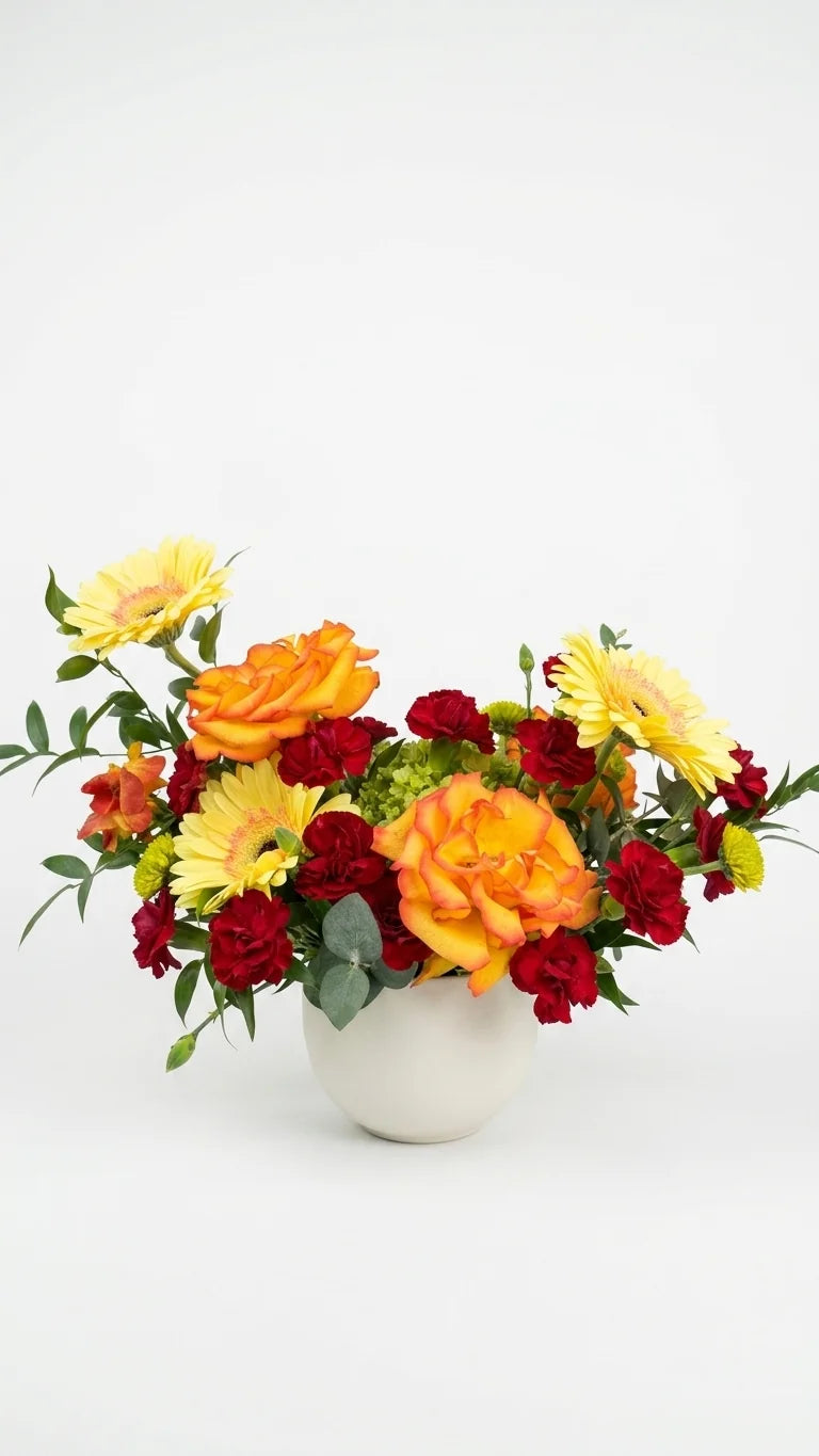 Orange rose and gerbera vase arrangement for birthday flower delivery in Newmarket Ontario