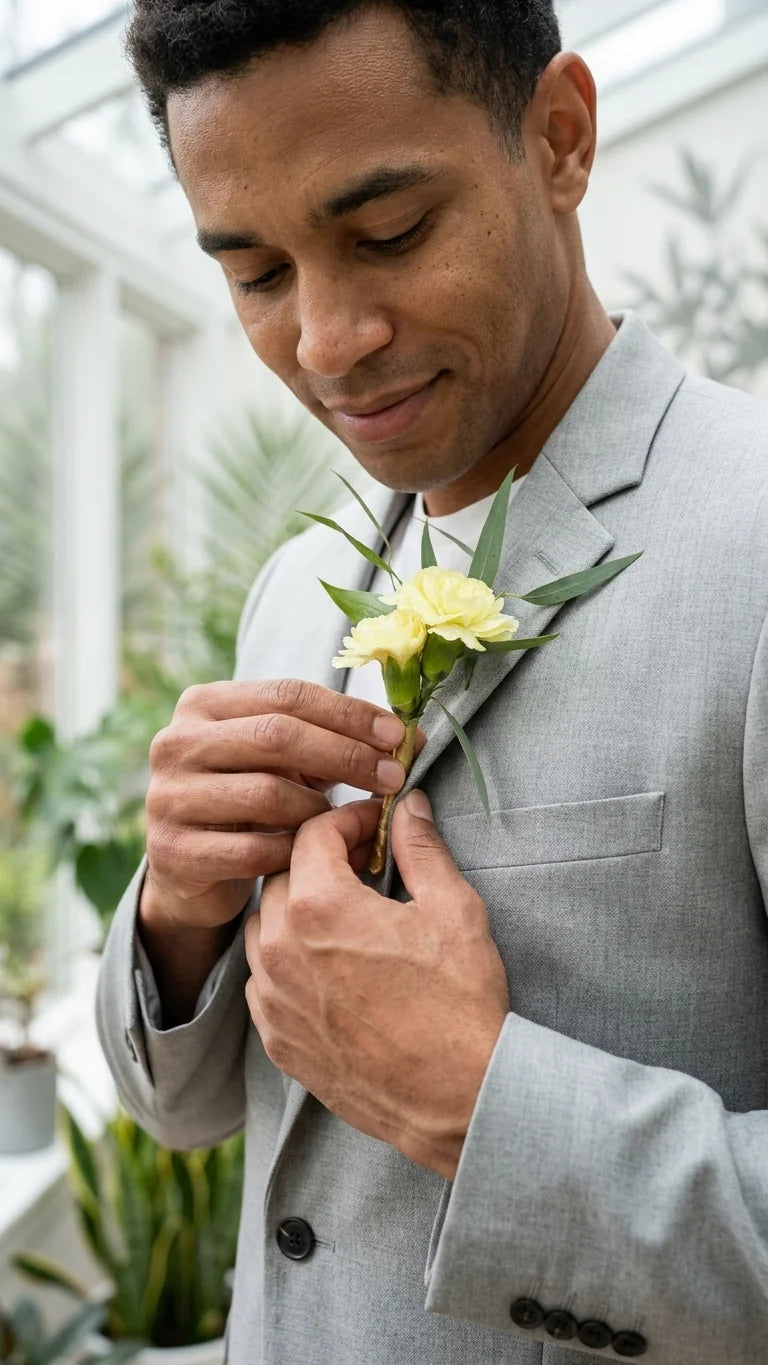 Side view of Pale Yellow Carnation Boutonniere arranged for prom in Newmarket and Aurora.