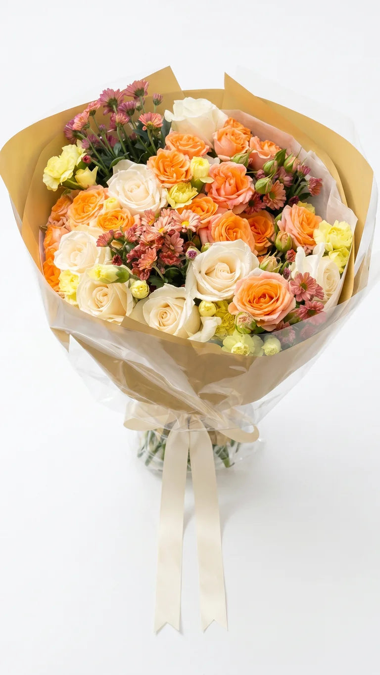 Hand-tied peach garden bouquet for prom pickup and local delivery in Newmarket and Aurora