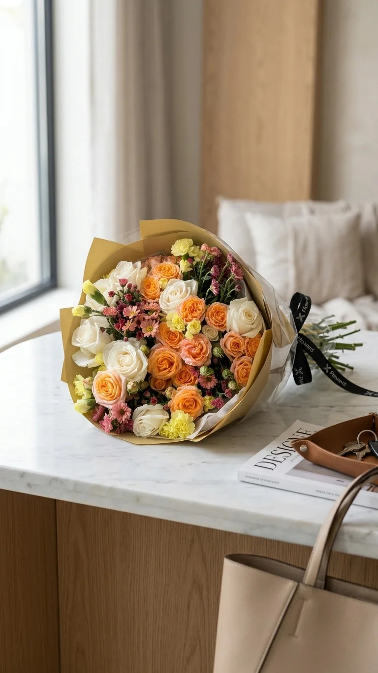 Detail view of peach garden bouquet with peach roses, ivory roses, blush filler flowers, green accent blooms, and seasonal greenery
