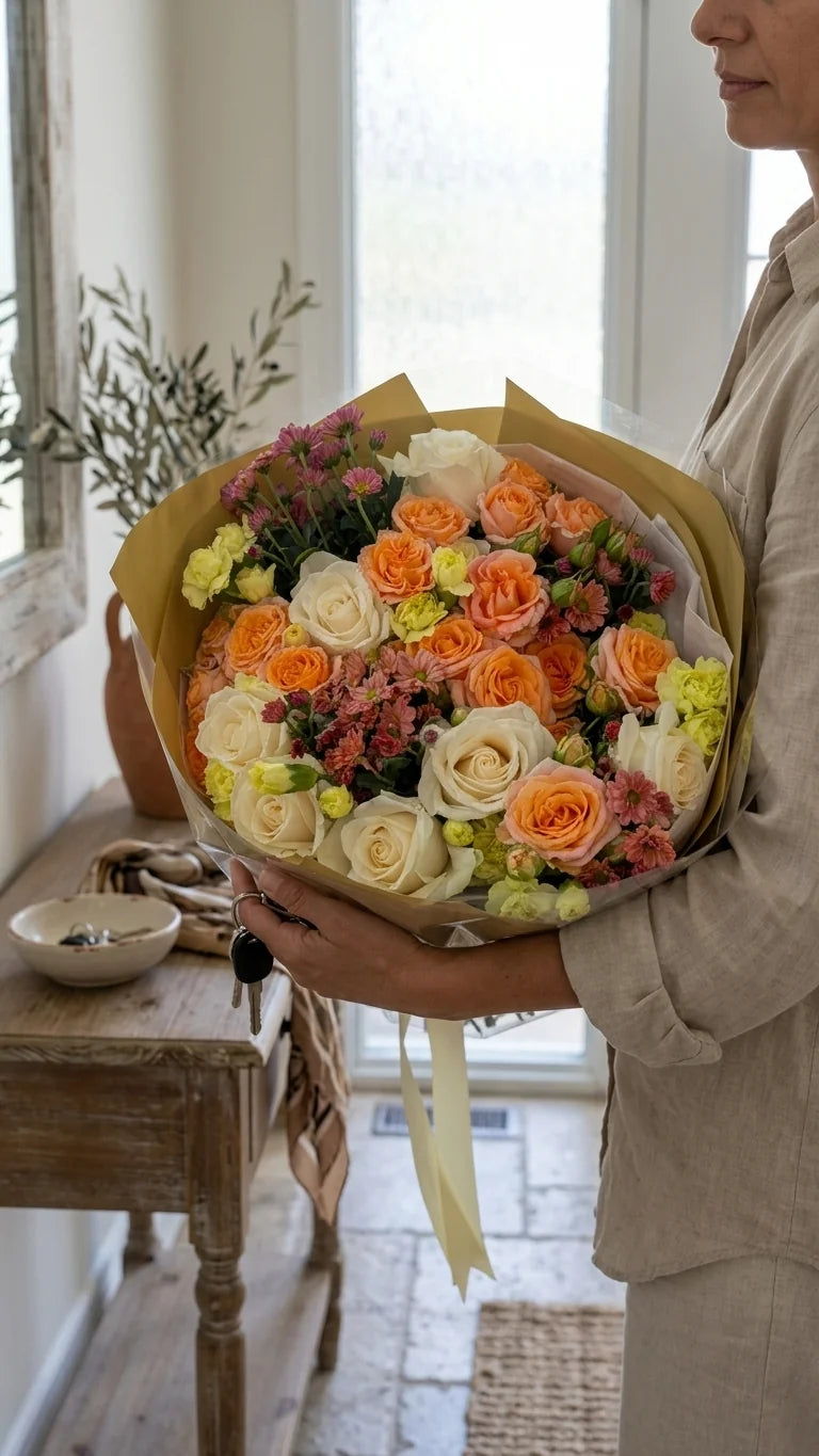 Detail view of peach garden bouquet with peach roses, ivory roses, blush filler flowers, green accent blooms, and seasonal greenery