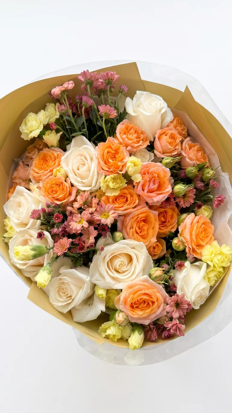 Peach Garden Bouquet with peach, orange, ivory, blush, and green flowers by Florent Floral in Newmarket