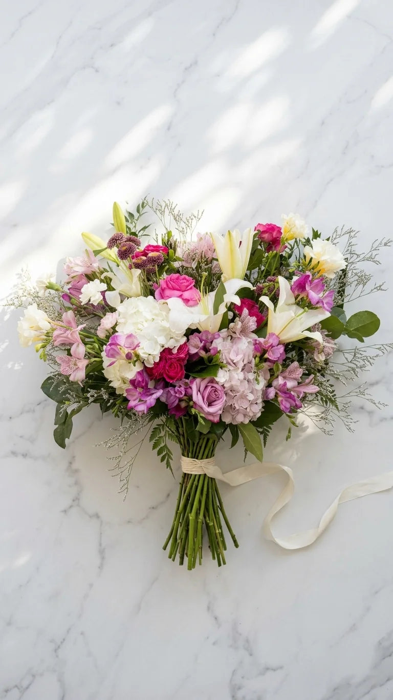 Lush mixed pink and white vase arrangement with lilies and roses on a marble surface - Mother's Day flowers by Florent Floral delivered in Newmarket