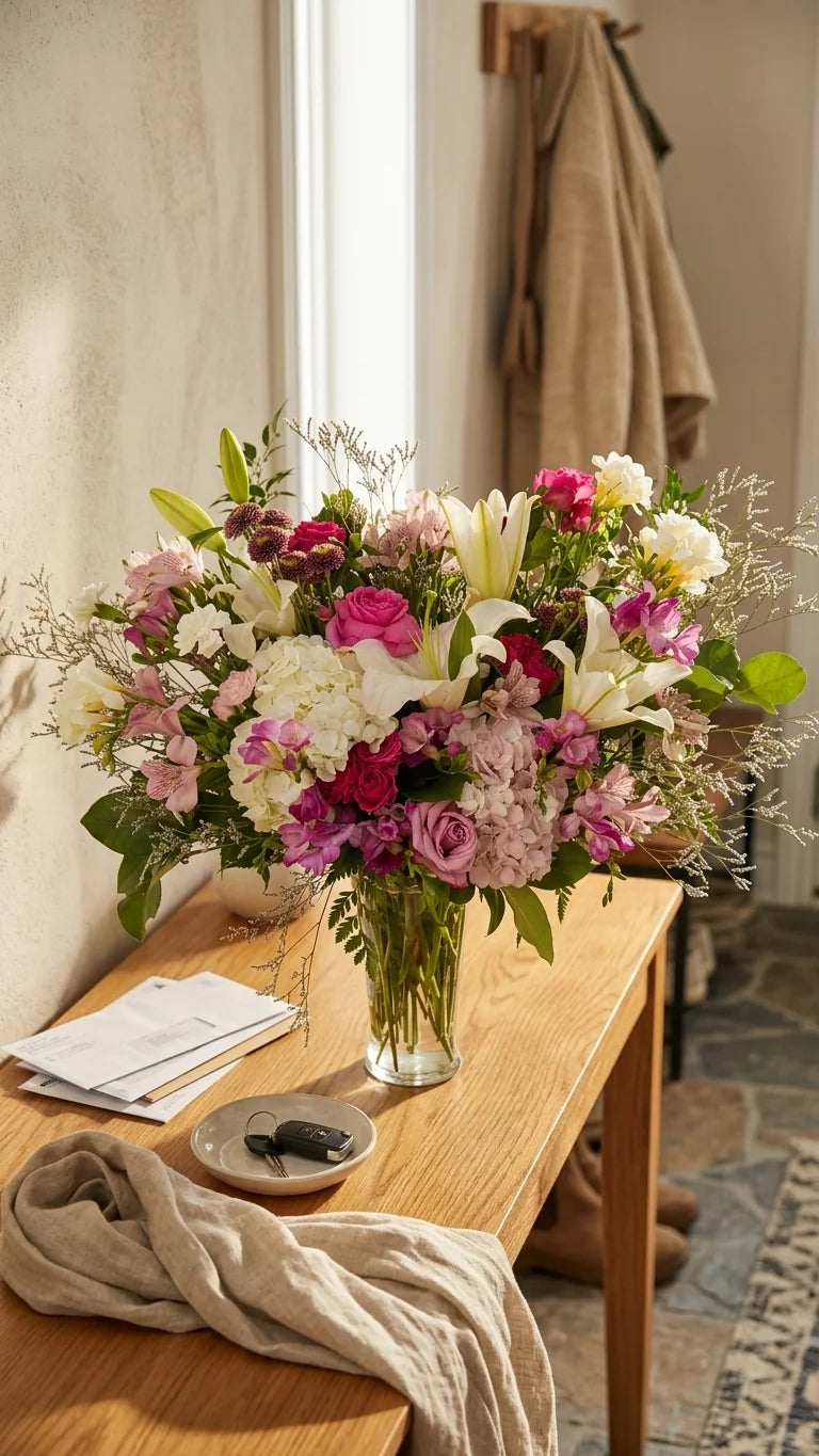 Garden Romance Vase on a wooden sideboard by a window - Florent Floral premium Mother's Day flower delivery Newmarket and Aurora ON