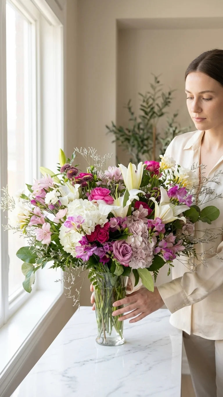 Woman placing a pink rose and lily vase arrangement on a marble countertop - same-day flower delivery across Newmarket, Aurora, and the GTA by Florent Floral