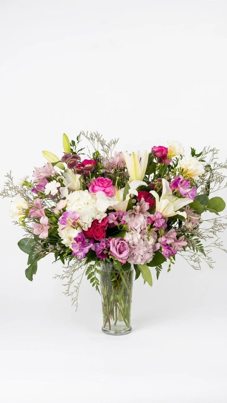Garden Romance Vase with pink roses, white hydrangea, Oriental lilies, and alstroemeria in a tall glass cylinder - Florent Floral same-day delivery Newmarket ON