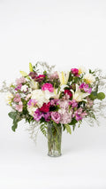 Garden Romance Vase with pink roses, white hydrangea, Oriental lilies, and alstroemeria in a tall glass cylinder - Florent Floral same-day delivery Newmarket ON