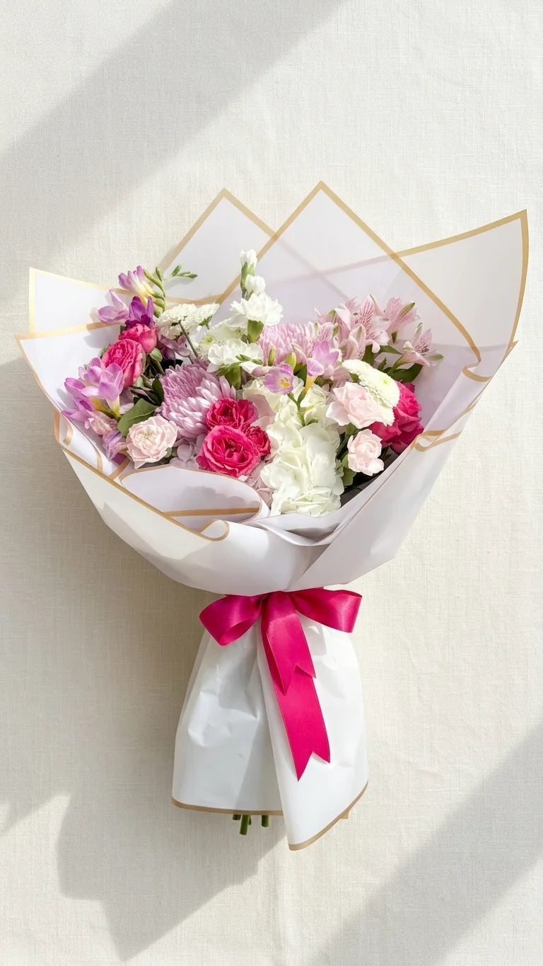 Pink and white wrapped bouquet with bold magenta ribbon on a cream background - Mother's Day flower delivery in Newmarket by Florent Floral