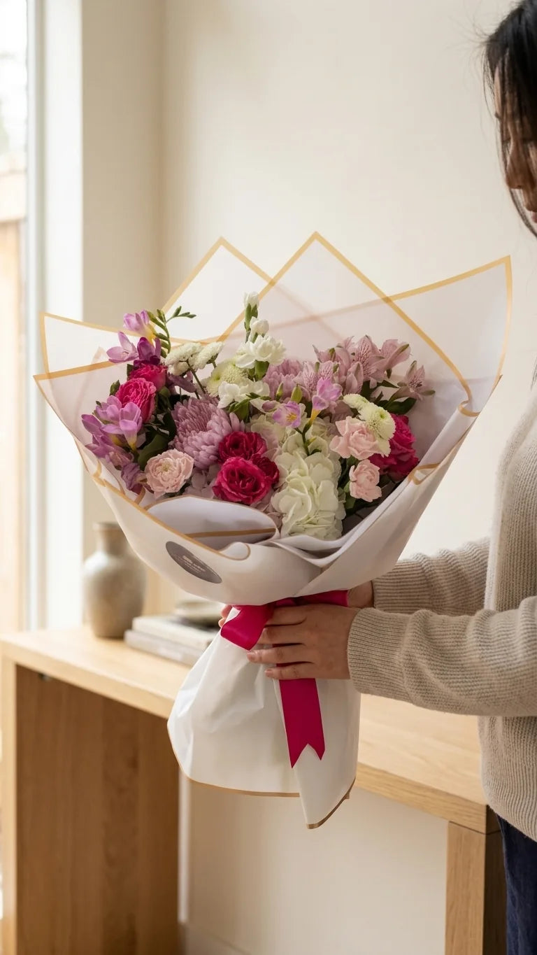 Close view of a person holding a pink rose and carnation bouquet near a wood shelf - Florent Floral same-day flower delivery across the GTA