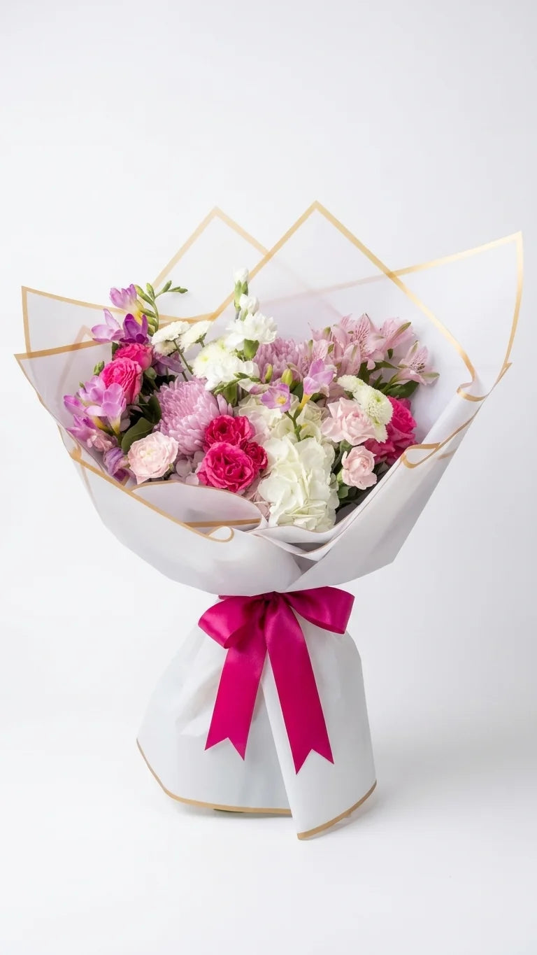 Blush Garden Bouquet with hot-pink roses, carnations, white lisianthus, and alstroemeria wrapped in gold-edged paper with magenta ribbon - Florent Floral Newmarket ON