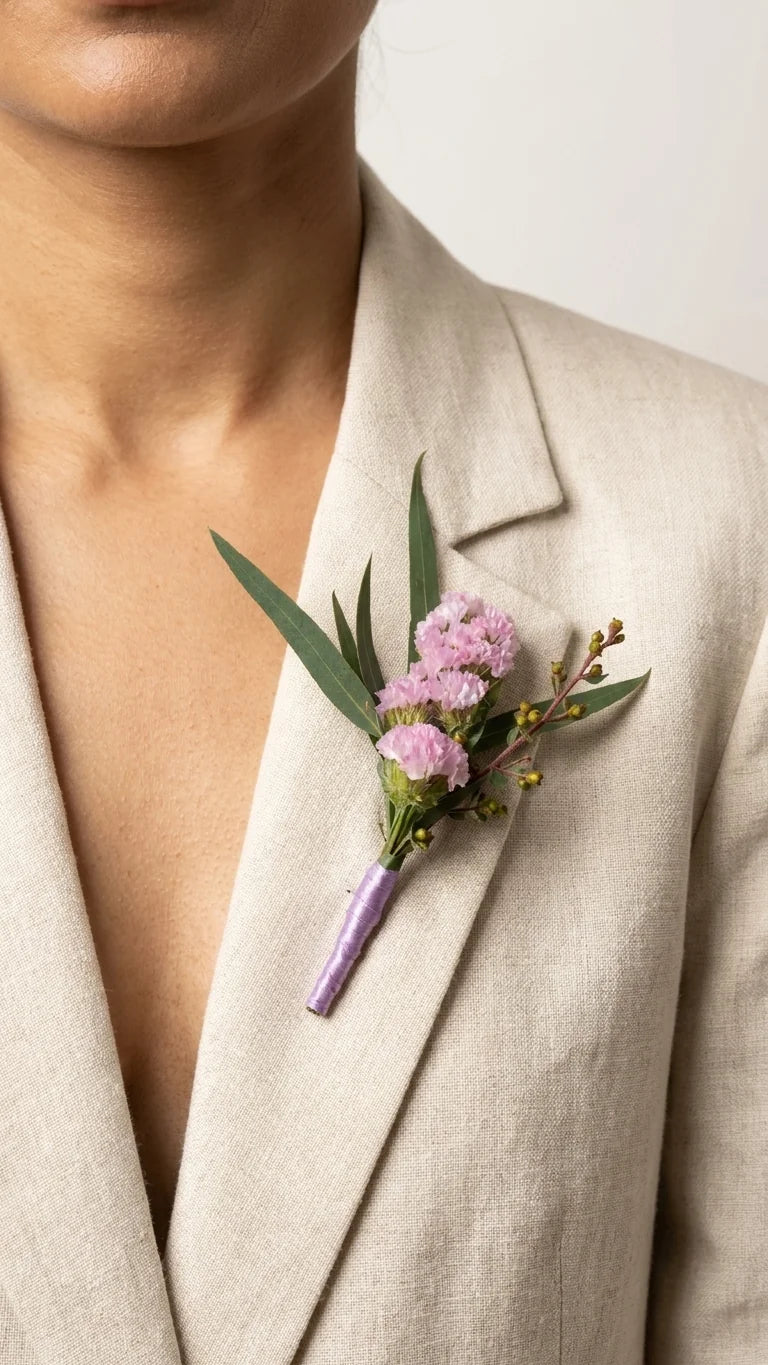 Side view of Pink Statice Boutonniere arranged for prom in Newmarket and Aurora.