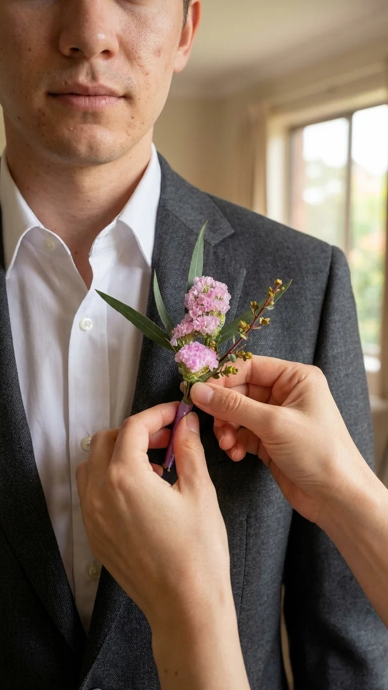 Lifestyle view of Pink Statice Boutonniere from Florent Floral for prom styling.
