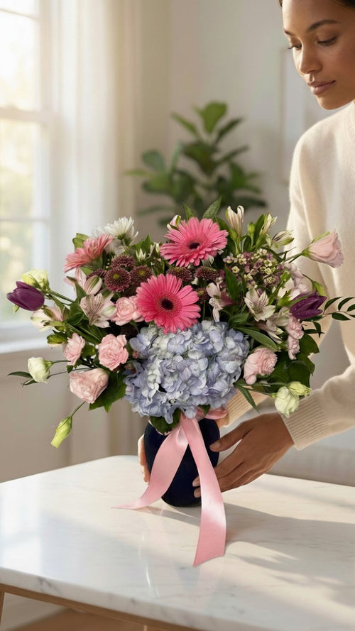 Colourful birthday flower arrangement in navy blue vase with pink ribbon featuring gerbera daisies and hydrangeas - Florent Floral