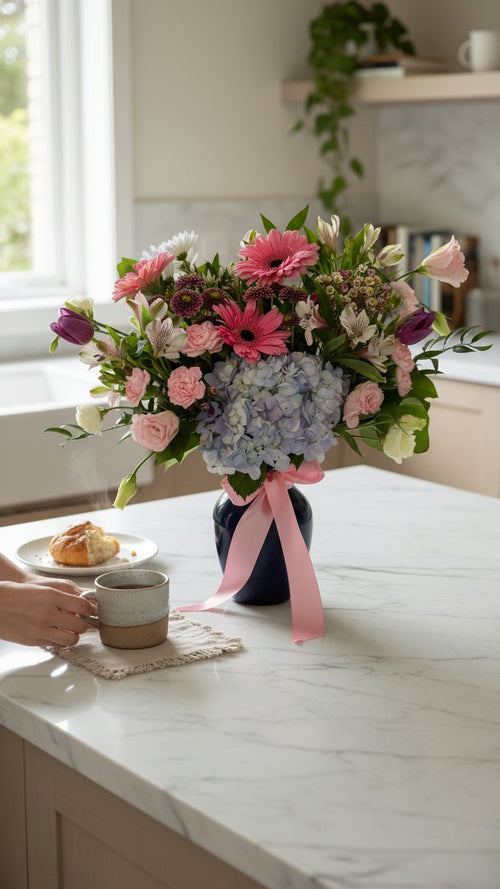 Birthday Brights Blue Vase arrangement on kitchen counter - same-day delivery Newmarket Ontario