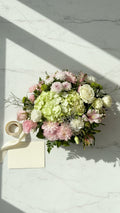 Garden Party Centerpiece with green hydrangeas and pink chrysanthemums top view - Florent Floral