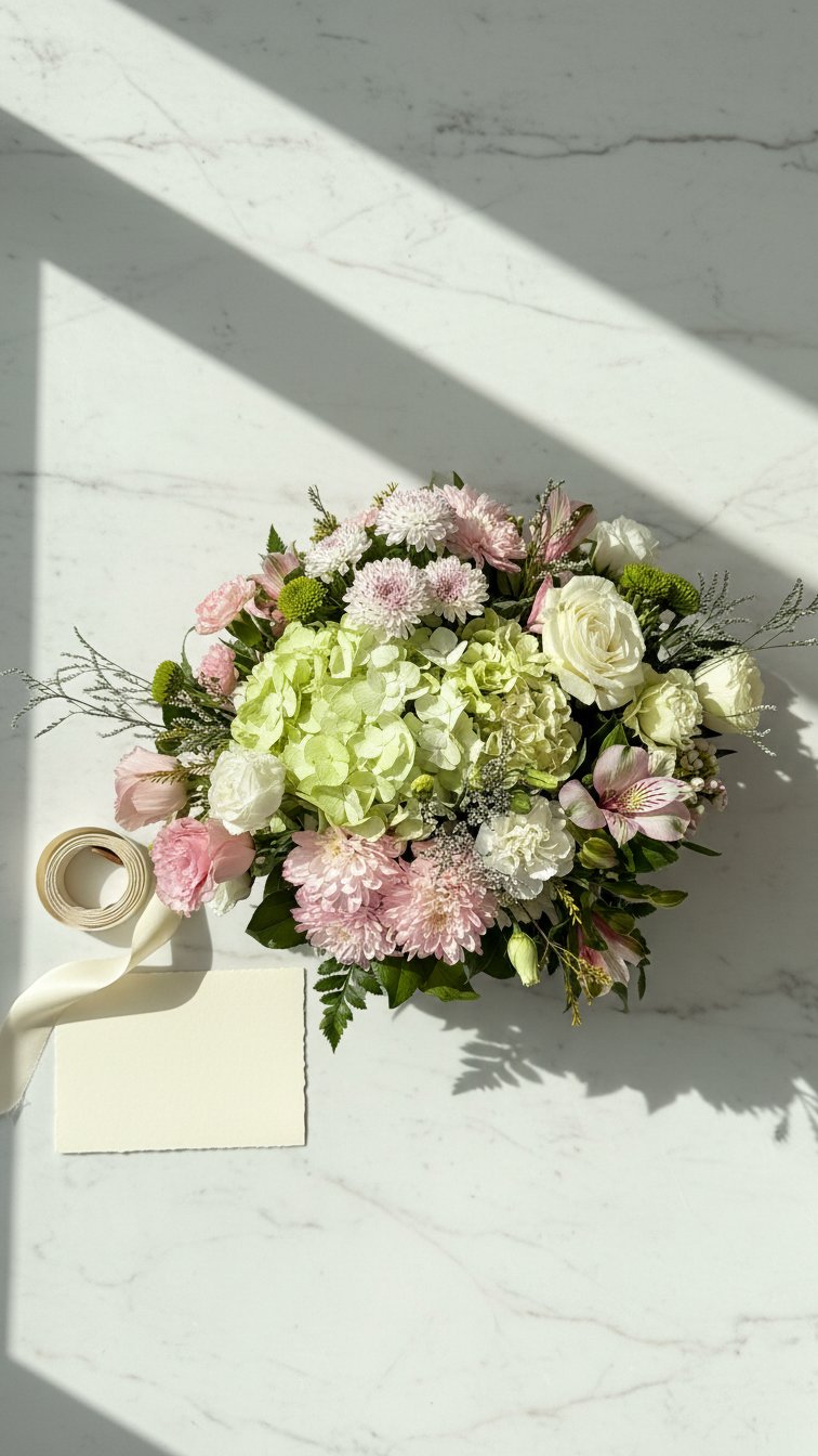 Garden Party Centerpiece with green hydrangeas and pink chrysanthemums top view - Florent Floral