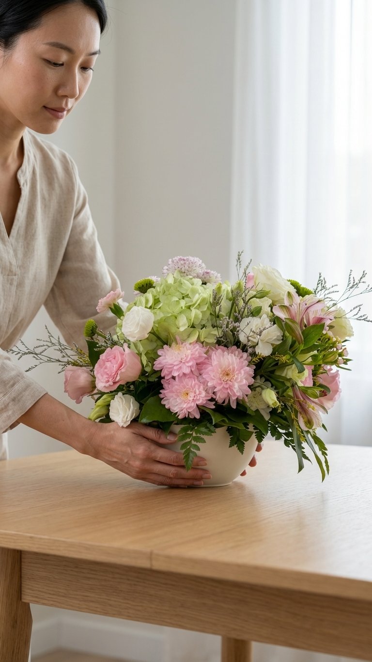 Pink and green flower centrepiece with chrysanthemums hydrangeas and lisianthus by Florent Floral