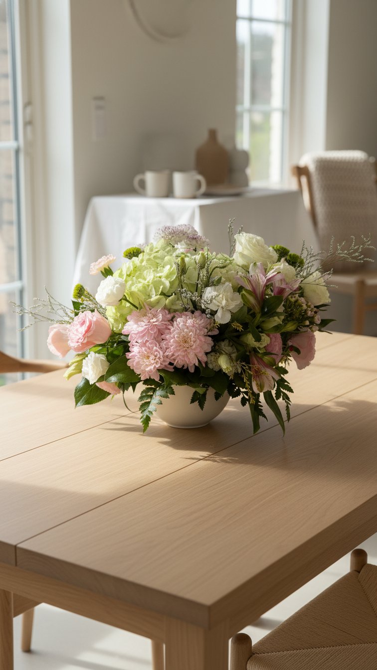 Close-up of Garden Party Centerpiece showing soft pink blooms and green hydrangea detail