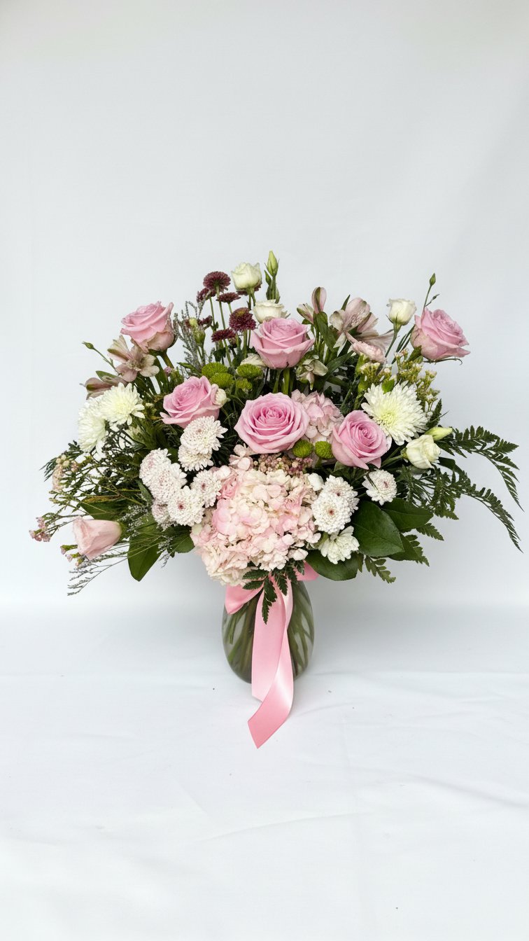 Grand Blush Jordan Vase with pink roses and hydrangeas in clear glass vase with pink ribbon - Florent Floral