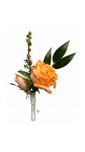Orange-peach rose boutonniere with wrapped stem and greenery by Florent Floral Newmarket