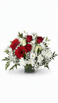 Red and white flower arrangement for sympathy and funeral delivery in Newmarket Ontario