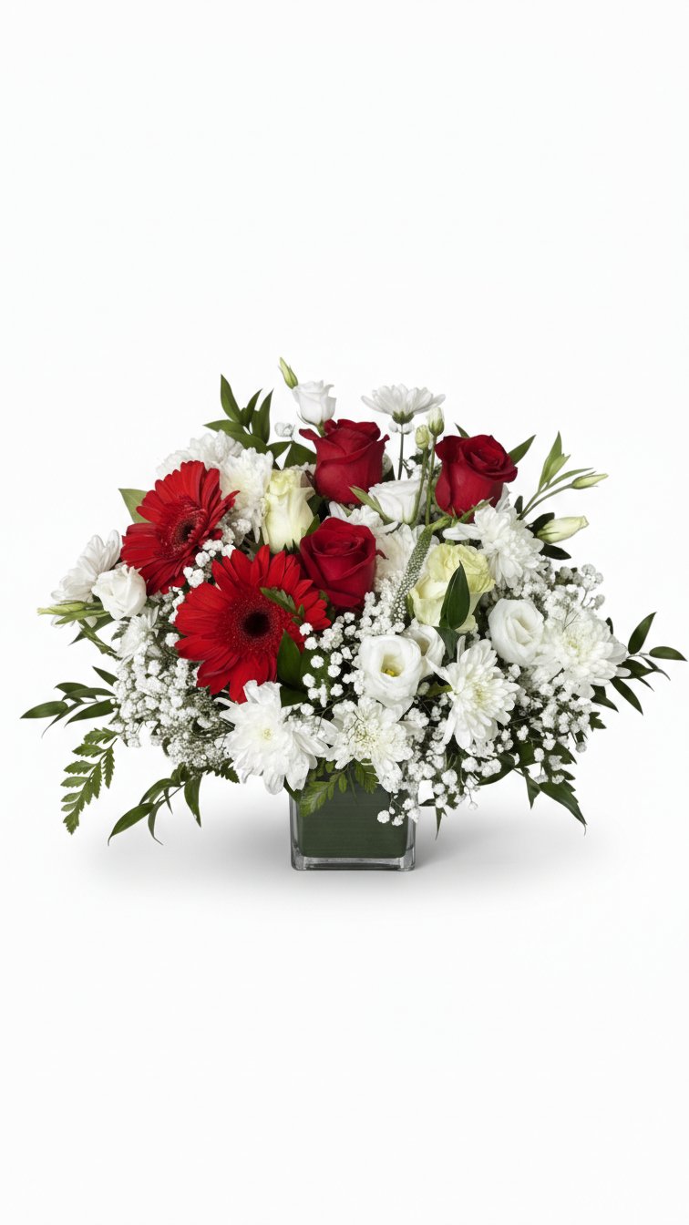 Red and white flower arrangement for sympathy and funeral delivery in Newmarket Ontario