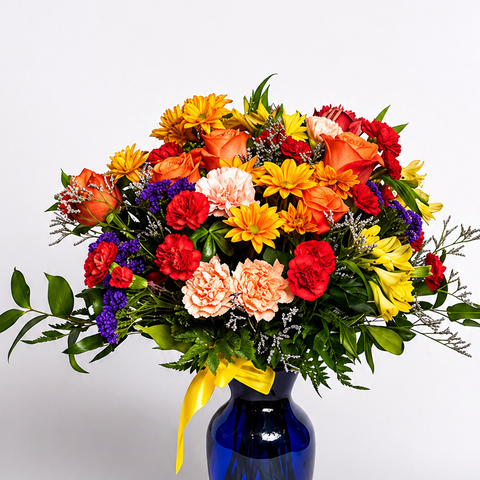 Colorful bouquet of flowers in a blue vase on a white background good for mother's day