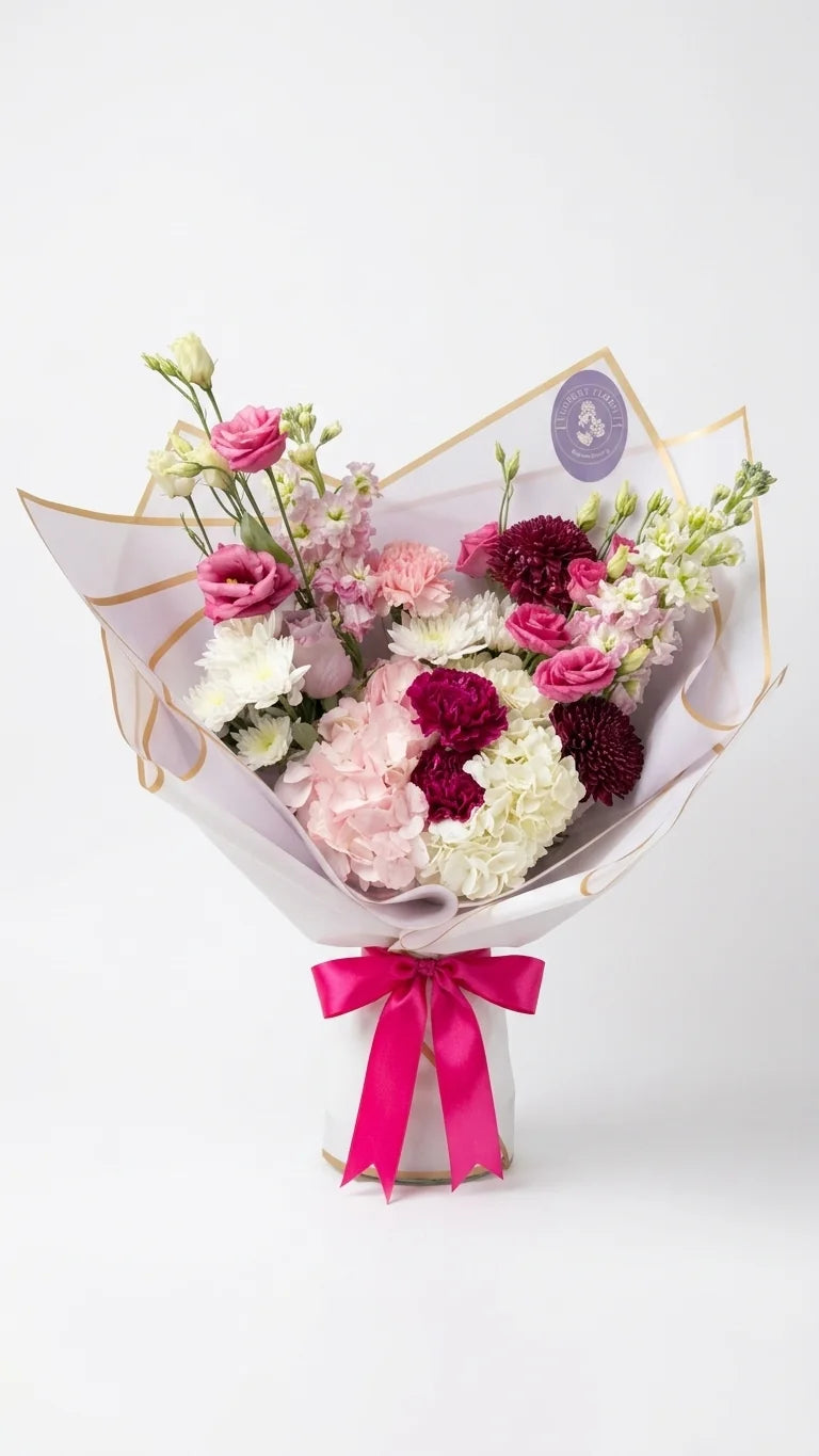 Detail view of sweet pink bouquet with pink roses, white hydrangea-style blooms, burgundy accent flowers, soft filler, and seasonal greenery