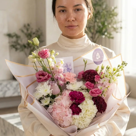 Sweet Pink Bouquet with soft pink, white, burgundy, and fresh green flowers by Florent Floral in Newmarket