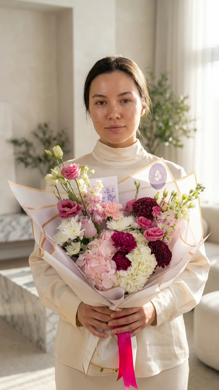 Sweet Pink Bouquet with soft pink, white, burgundy, and fresh green flowers by Florent Floral in Newmarket