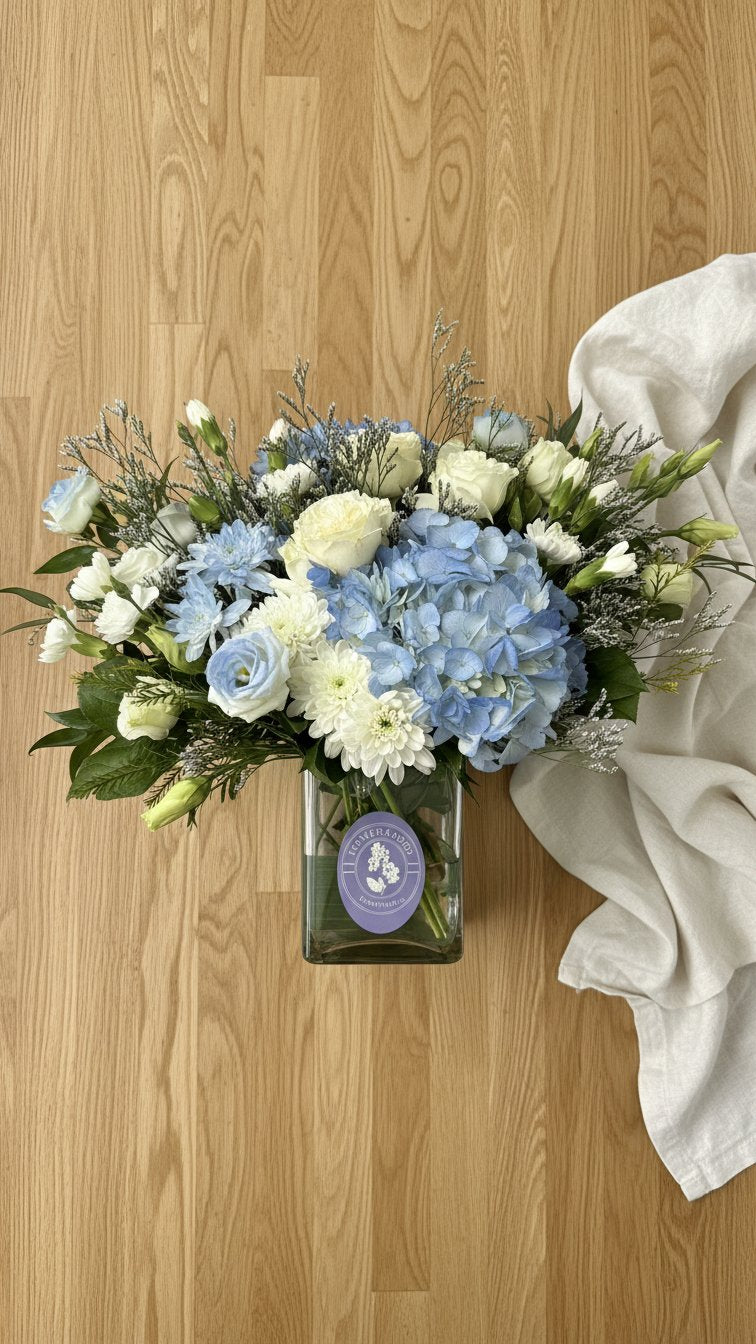 Blue and white sympathy flowers for funeral and condolence delivery in Newmarket Ontario