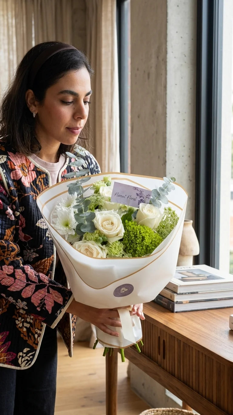 Detail view of white meadow bouquet with white roses, green hydrangea-style blooms, eucalyptus, white lisianthus-style flowers, and seasonal greenery