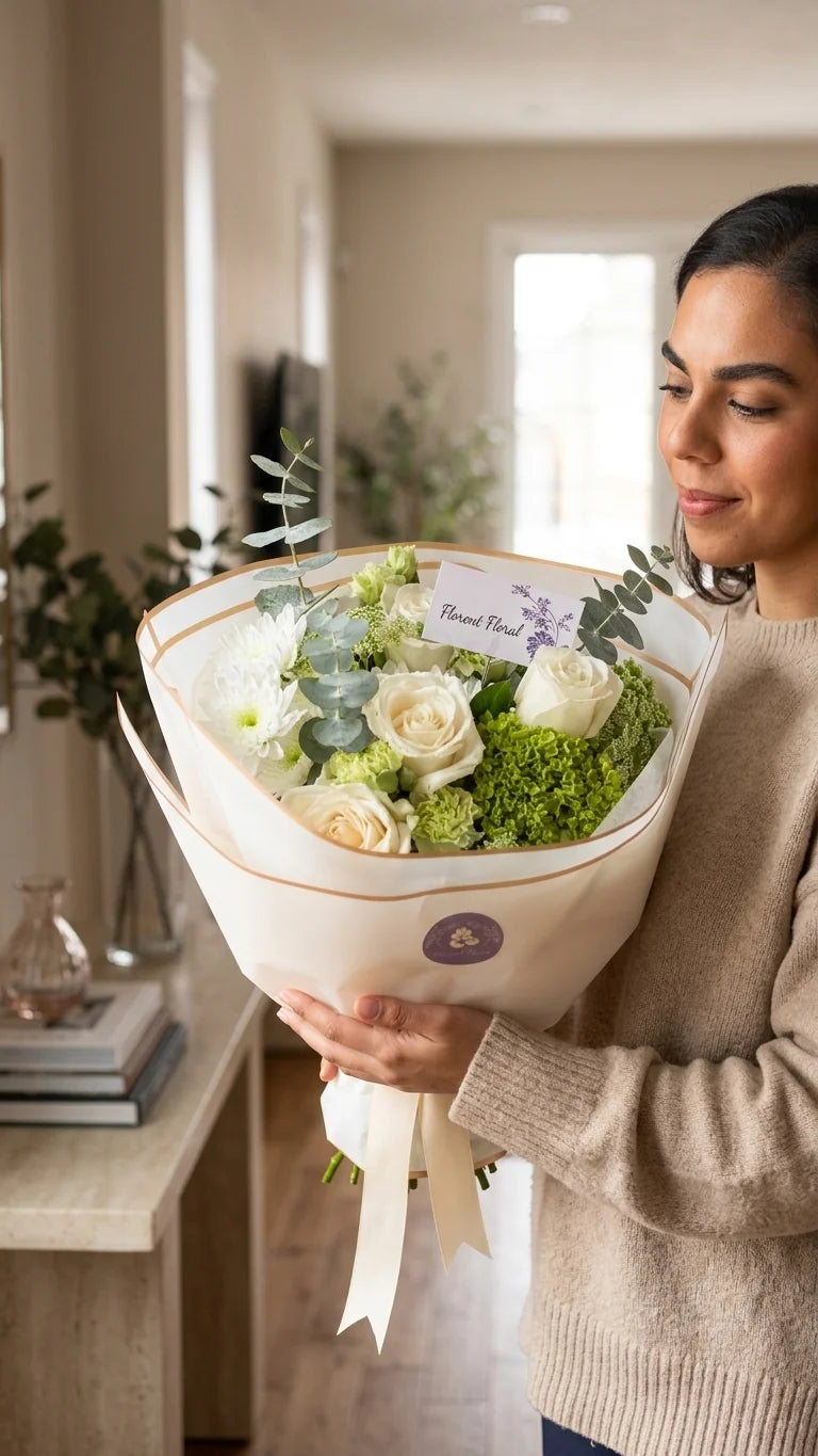 Detail view of white meadow bouquet with white roses, green hydrangea-style blooms, eucalyptus, white lisianthus-style flowers, and seasonal greenery