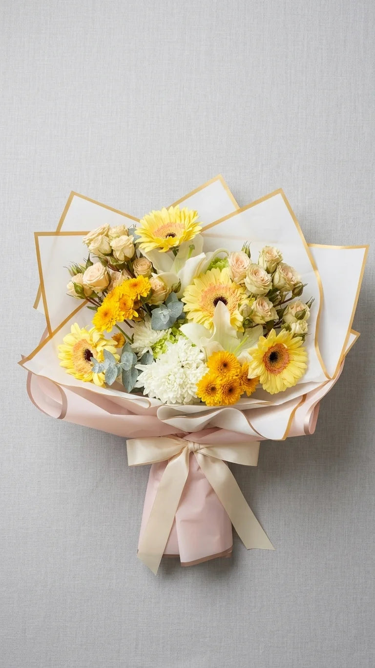 Yellow and cream wrapped bouquet with pink ribbon bow on a grey background - birthday flower delivery in Newmarket and Aurora by Florent Floral