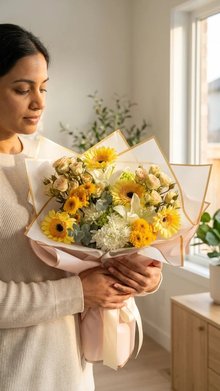 Woman holding a yellow gerbera wrapped bouquet by a sunlit window - same-day birthday flower delivery Newmarket ON from Florent Floral