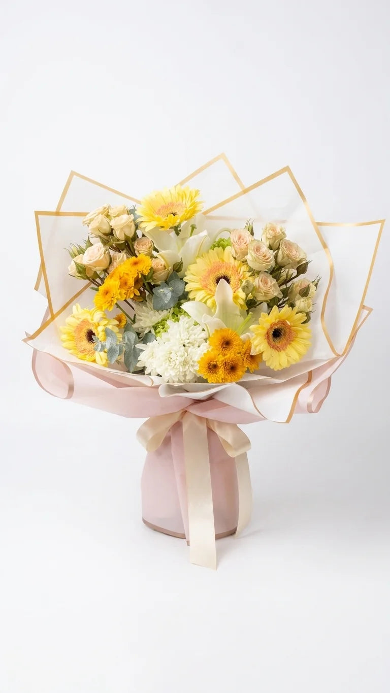 Sunny Glow Bouquet with yellow gerbera daisies, cream spray roses, and white chrysanthemums wrapped in gold-edged paper - Florent Floral Newmarket ON